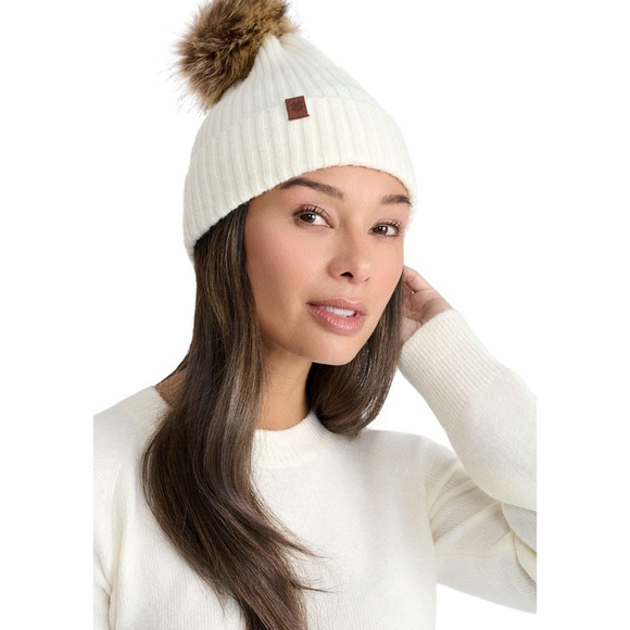 Lucky White faux fur pom winter hat & earthy red yellow tan grey gray scarf set - Picture 7 of 8